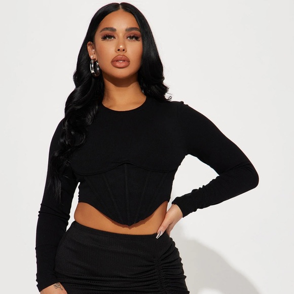 Fashion Nova Black Corset Crop Top Blouse Long Sleeve Size L - Picture 3 of 7